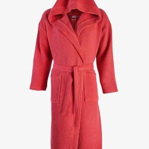 Waffle-Knit Hooded Long Robe in Coral